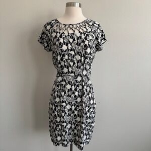 Joie Elvera Black White Lattice Neck Abstract Print Sheath Dress 1191-D1129 S